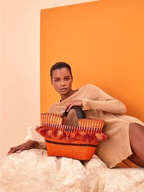 New AAKS Handwoven Orange Fringe Tote Bag with Black Leather Handles